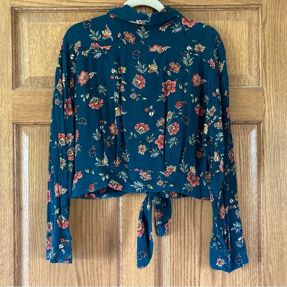 Gypsies & Moondust Dark Green & Floral LS Button-up Crop Top XL - Picture 2 of 10